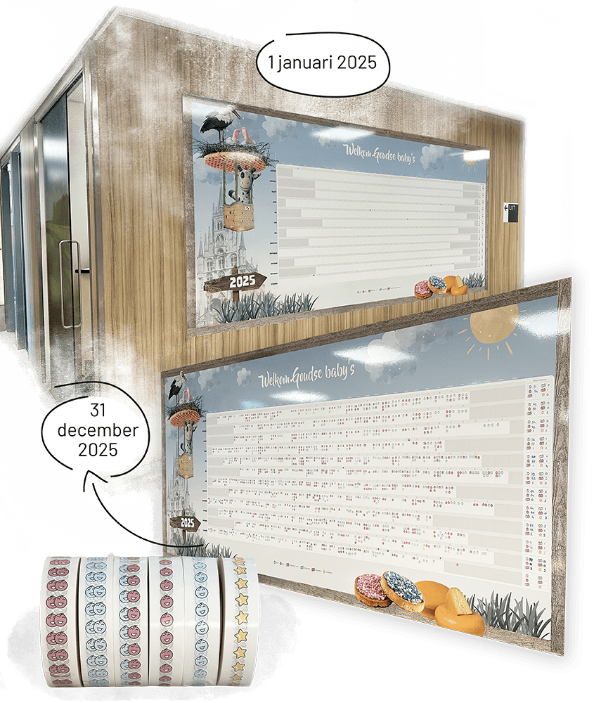 Een grote wandplaat met de tekst Welkom Goudse baby's in het Groene Hart Ziekenhuis, getoond in een lege staat op 1 januari en een gevulde staat vol gekleurde stickers op 31 december, met de te gebruiken bijbehorende rollen stickers.