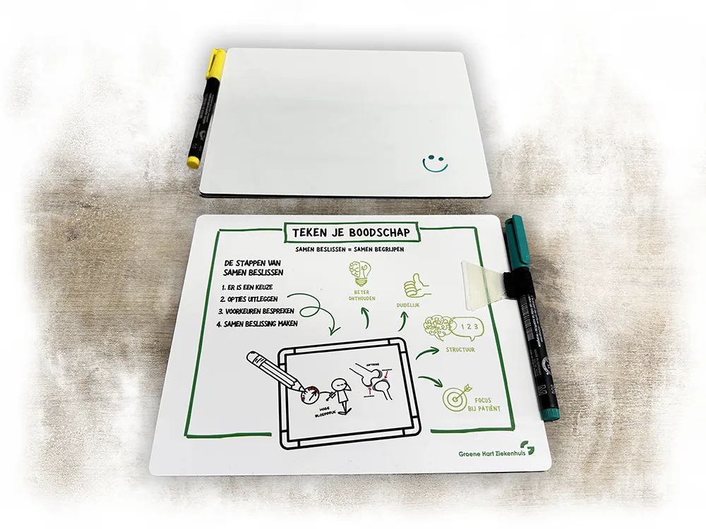 De voor- en achterzijde van een wisbordje met markers van het Groene Hart Ziekenhuis, bedrukt met het concept Teken je boodschap.